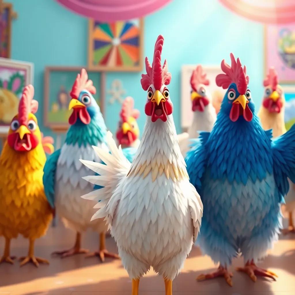Clara's chicken friends proudly showcasing their art pieces, colorful feathers blending with their unique artworks, in a bright atmosphere of a thriving creative community, digital painting, uplifting and celebratory