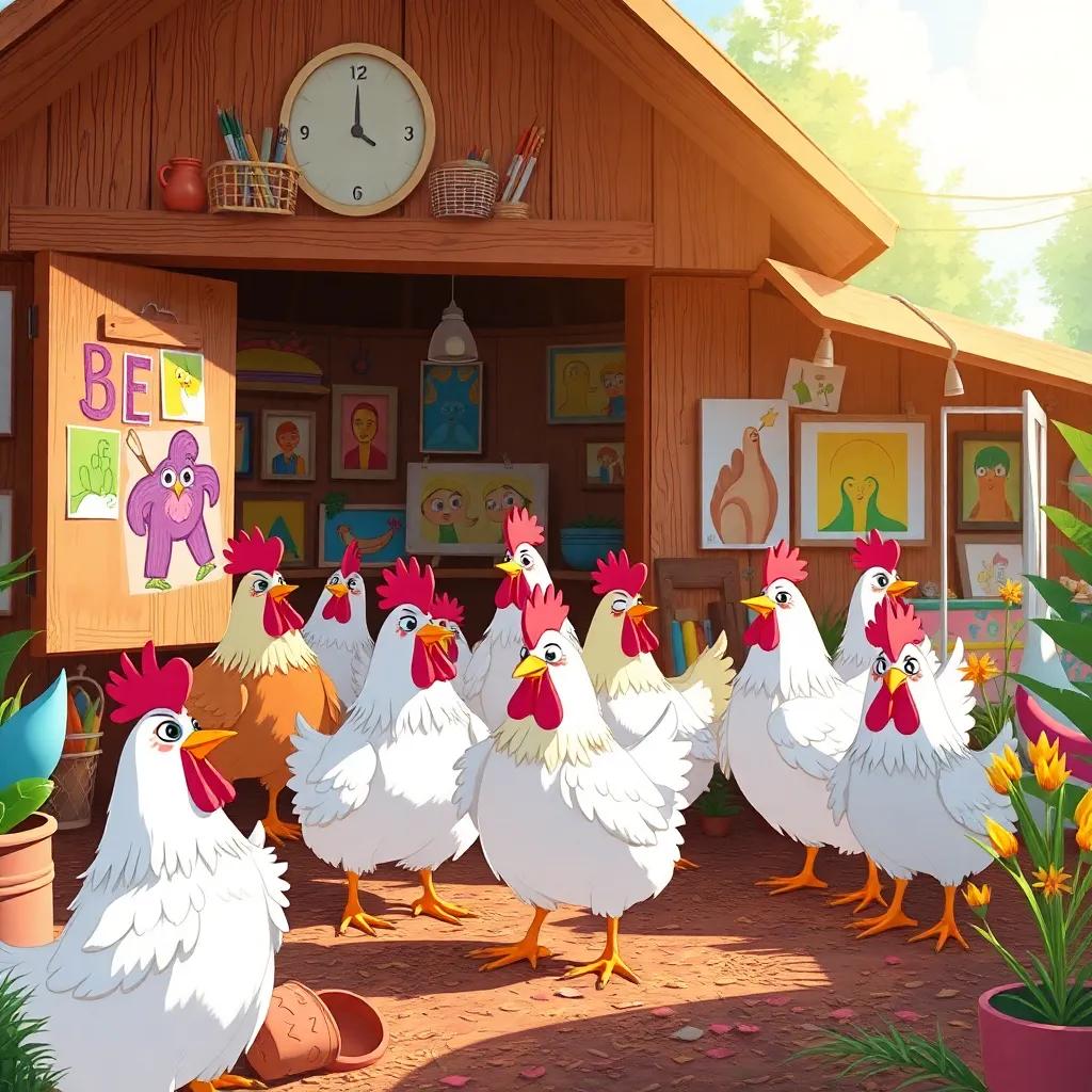 A bright colorful scene of the coop with joyful art everywhere; a place where all chickens are together creating; a tribute to creativity and community, illustration, cheerful, encouraging
