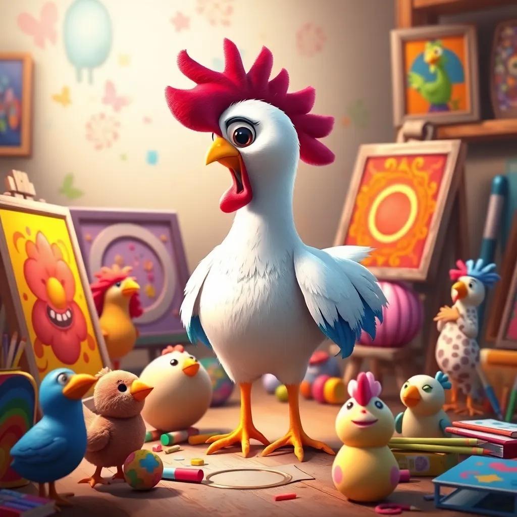 Clara the chicken, a symbol of creativity, surrounded by her colorful masterpieces and friends, radiating happiness and inspiration, digital art, vivid colors, artistic atmosphere, high quality