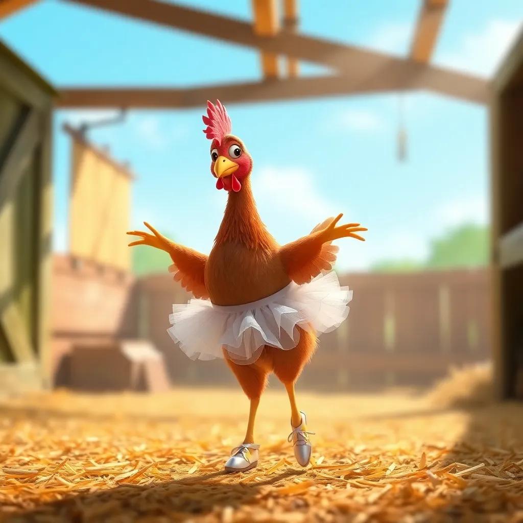 A chicken named Clara, a young brown hen, wearing a tiny tutu and ballet shoes, happily practicing dance moves in a sunny barn, surrounded by hay, digital art, cheerful atmosphere, bright colors, inviting vibe, high-quality