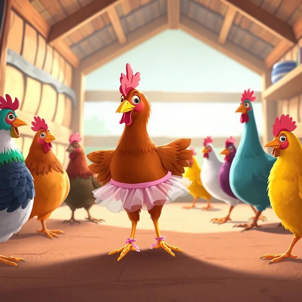 Clara, a young brown hen with a tutu and ballet shoes, encouraging her friends, other colorful chickens, to join her in a dance practice, in a cozy barn, lively scene, digital illustration, warm colors, cheerful, inviting