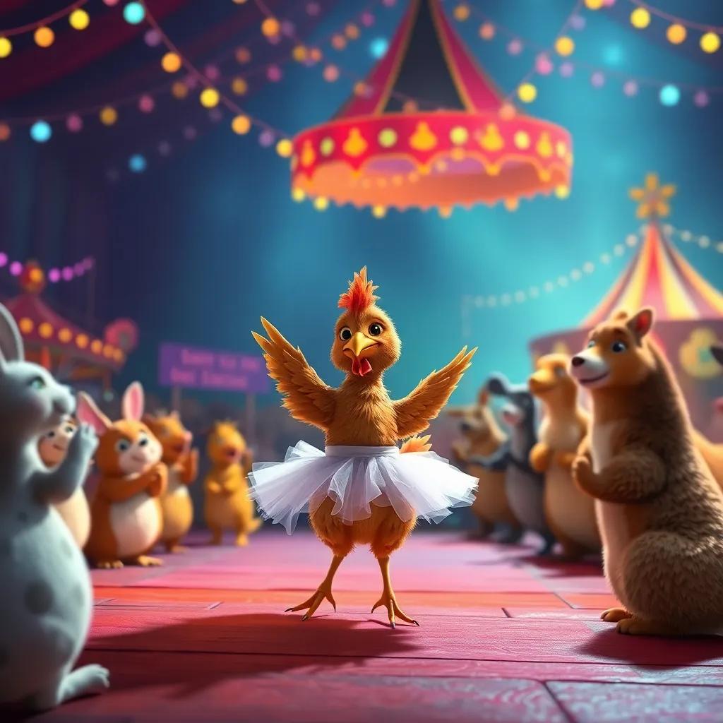 Clara, a young brown hen in a tutu, performing a dance on a stage in the fair, with animals gathered around, clapping and cheering, magical atmosphere, colorful lights, joyful scene, high quality