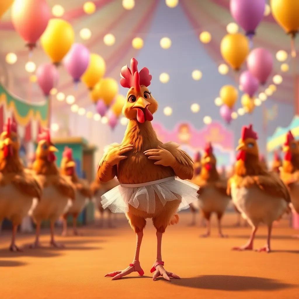 Clara, a young brown hen with a tutu and ballet shoes, standing proud with her fellow dancing chickens, smiling at the audience, a bright fair background with balloons and lights, warm colors, festive atmosphere, high-quality