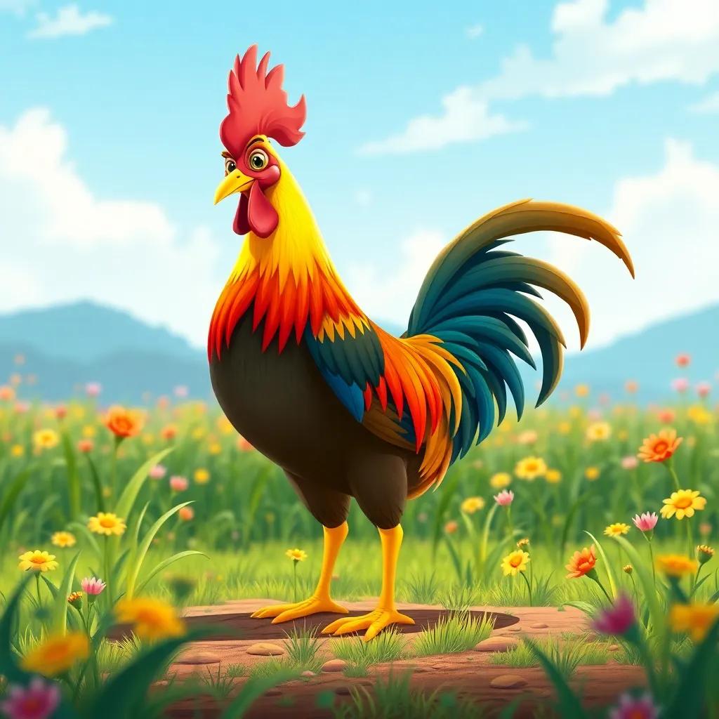 Rayo the rooster with a strong posture and bright, colorful plumage, encouraging Gala in the field, surrounded by lively nature, cartoon style, energetic colors, heartwarming scene, illustration