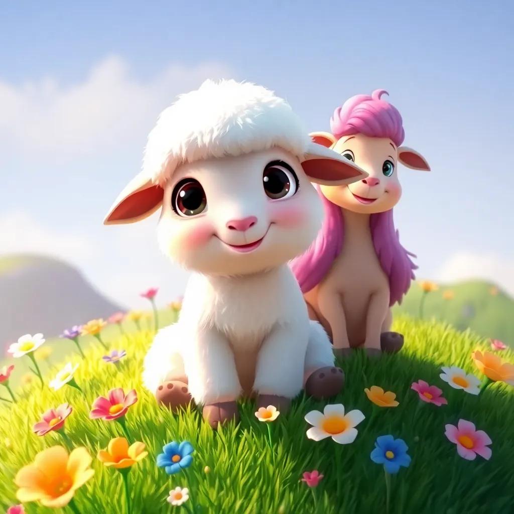 Lana, a fluffy white sheep with big eyes, happily joining Gala and Rayo, sitting on a grassy hill, blooming flowers around them, colorful, friendly, warm light, digital painting, charming quality