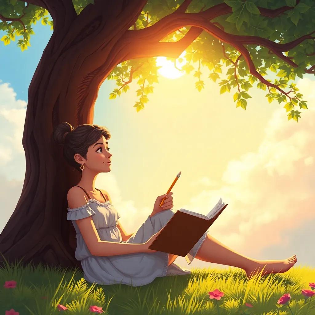 Gala, focused and inspired, sitting under a tree with a notebook and pencil, the sun shining down, emanating warmth and creativity, detailed art, serene beauty, vivid colors