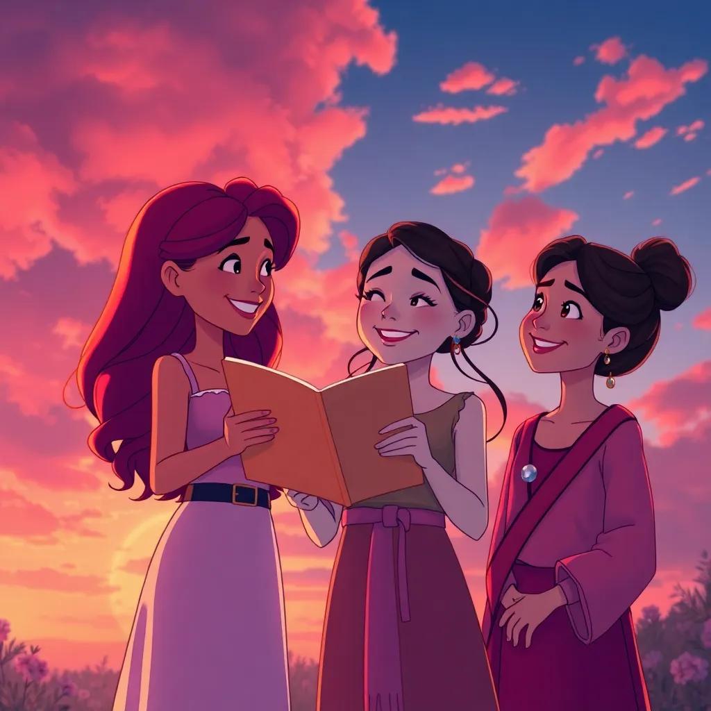 Gala presenting her poem proudly to Rayo and Lana, with smiles on their faces, surrounded by a sunset sky filled with pink and orange hues, joyful atmosphere, illustration, rich colors, heartwarming scene