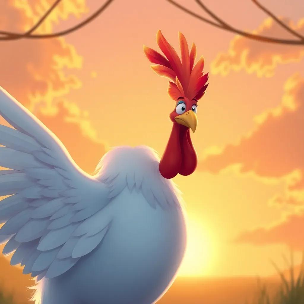 Rayo, un gallo majestuoso con cresta roja brillante, cantando sobre una cerca mientras Gala lo escucha, el sol saliendo en el fondo, illustration, warm light, encouraging mood, high quality