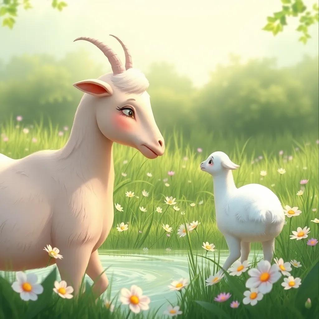 Lana, una oveja suave y esponjosa, pastando en un prado verde con flores, mirando a Gala con apoyo, digital painting, soft colors, peaceful ambiance, high quality
