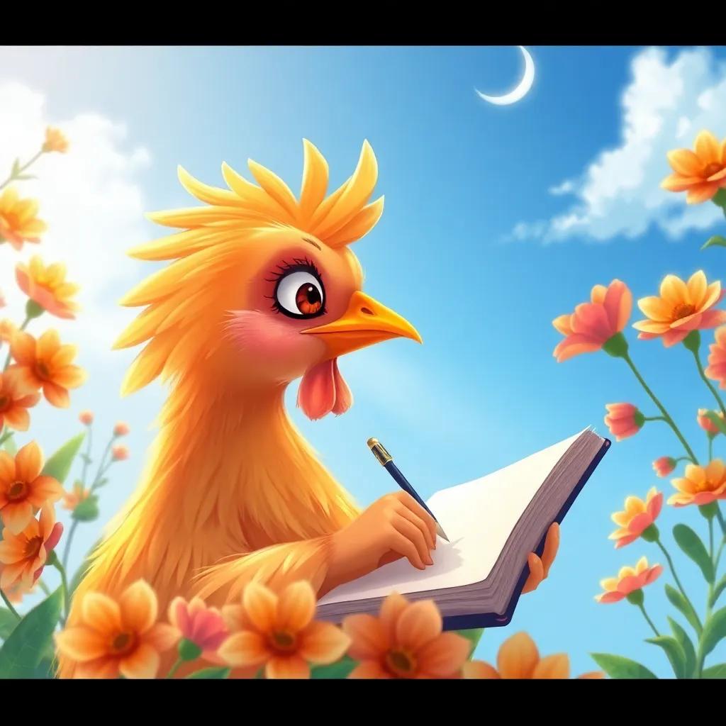 Gala, una gallina con plumas doradas, rodeada de flores mientras escribe en un cuaderno, mirando al cielo azul, inspiration in the air, illustration, colorful, thoughtful scene, high quality