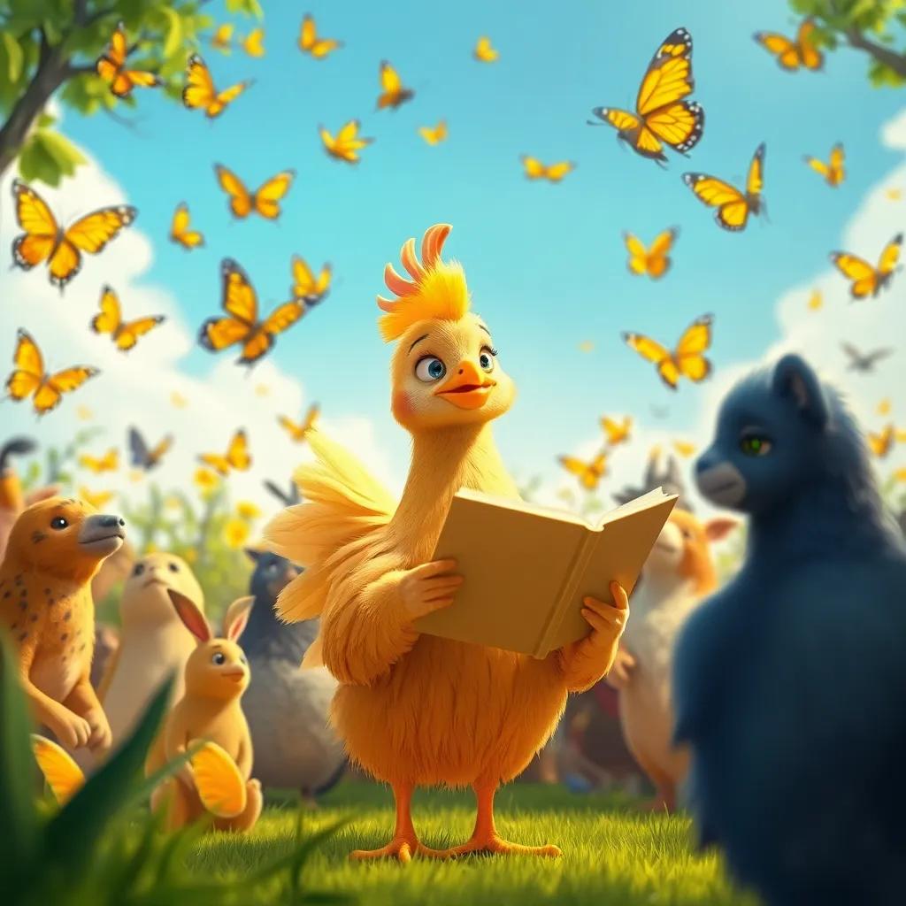 Gala, una gallina con plumas doradas, en un recital al aire libre con animales alrededor, leyendo sus poemas, mariposas volando y aplaudiendo, vibrant atmosphere, heartfelt moment, high quality