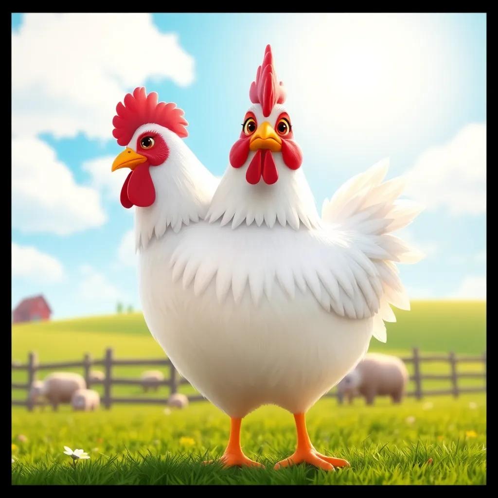 A brave hen named Clara, with soft white feathers, standing on a farm with a big blue sky, bright sunlight, cheerful atmosphere, digital art, cute and friendly character, high quality