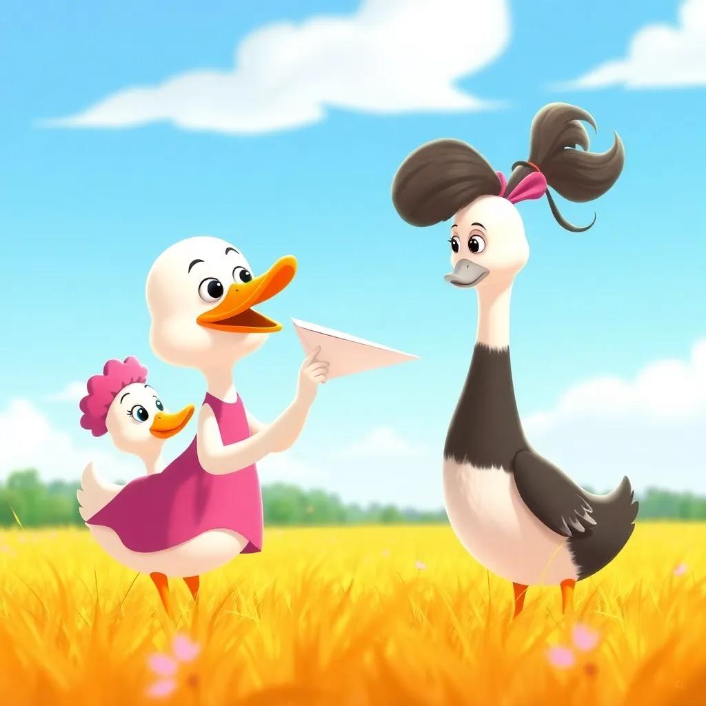 Clara with friends, a duck named Pablo wearing a little hat and an oca named Olivia, working together to make a paper airplane in a sunny field, colorful, playful mood, digital illustration, child-friendly