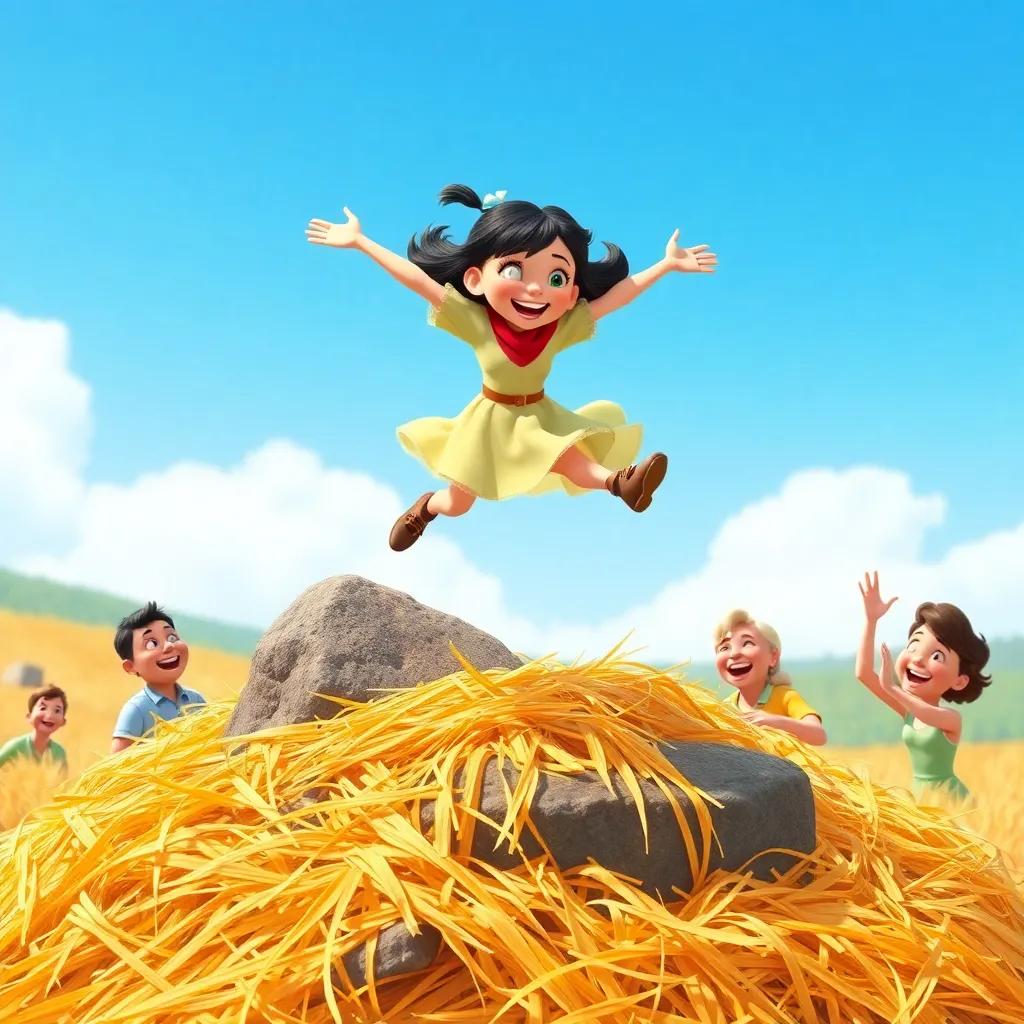 Clara jumping off a rock with wings spread wide, landing in a pile of hay, surrounded by laughter, bright colors, engaging scene, playful, high quality