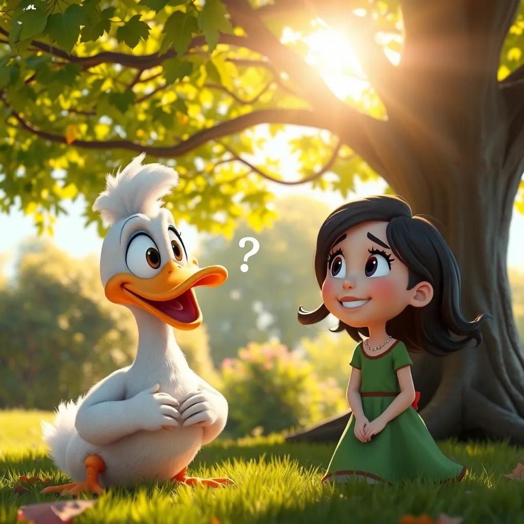 Pablo the duck suggesting ideas, with Clara looking excited, under a beautiful tree, warm sunlight filtering through leaves, joyful teamwork, digital art, bright and inviting