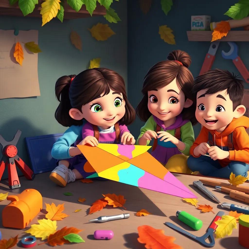 Clara and her friends working on a colorful paper airplane, surrounded by tools and leaves, teamwork atmosphere, bright colors, cheerful expression, high quality