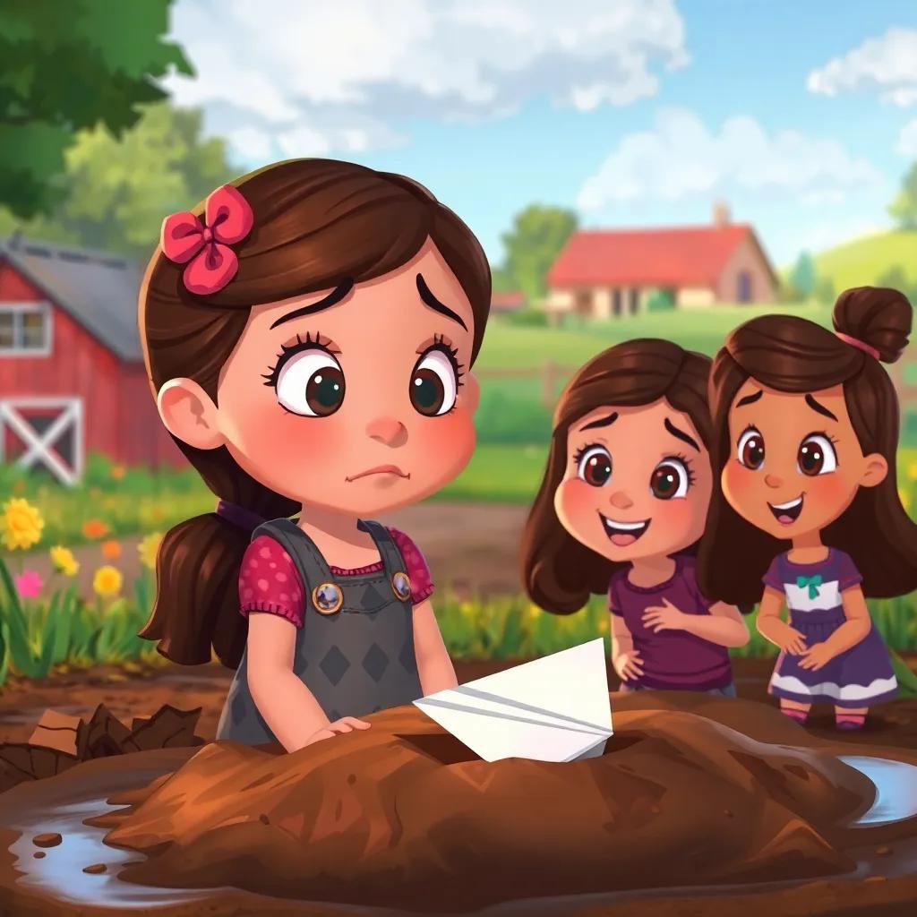 Clara looking disappointed after her paper airplane fall into mud, with her friends supporting her, colorful farm background, uplifting mood, engaging illustration, digital painting
