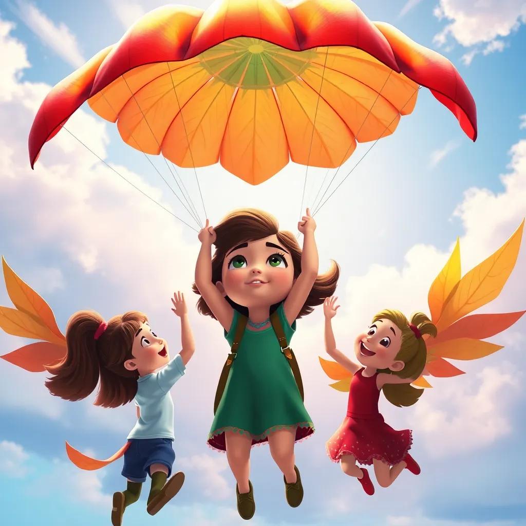 Clara determined, trying again with a big parachute made of leaves, her friends lifting her slightly, colorful sky and excitement, motivational scene, high quality
