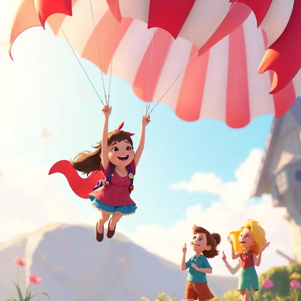 Clara taking a big jump with the parachute, floating down happily, with friends cheering below, bright colors, whimsical atmosphere, digital art, joyful moment