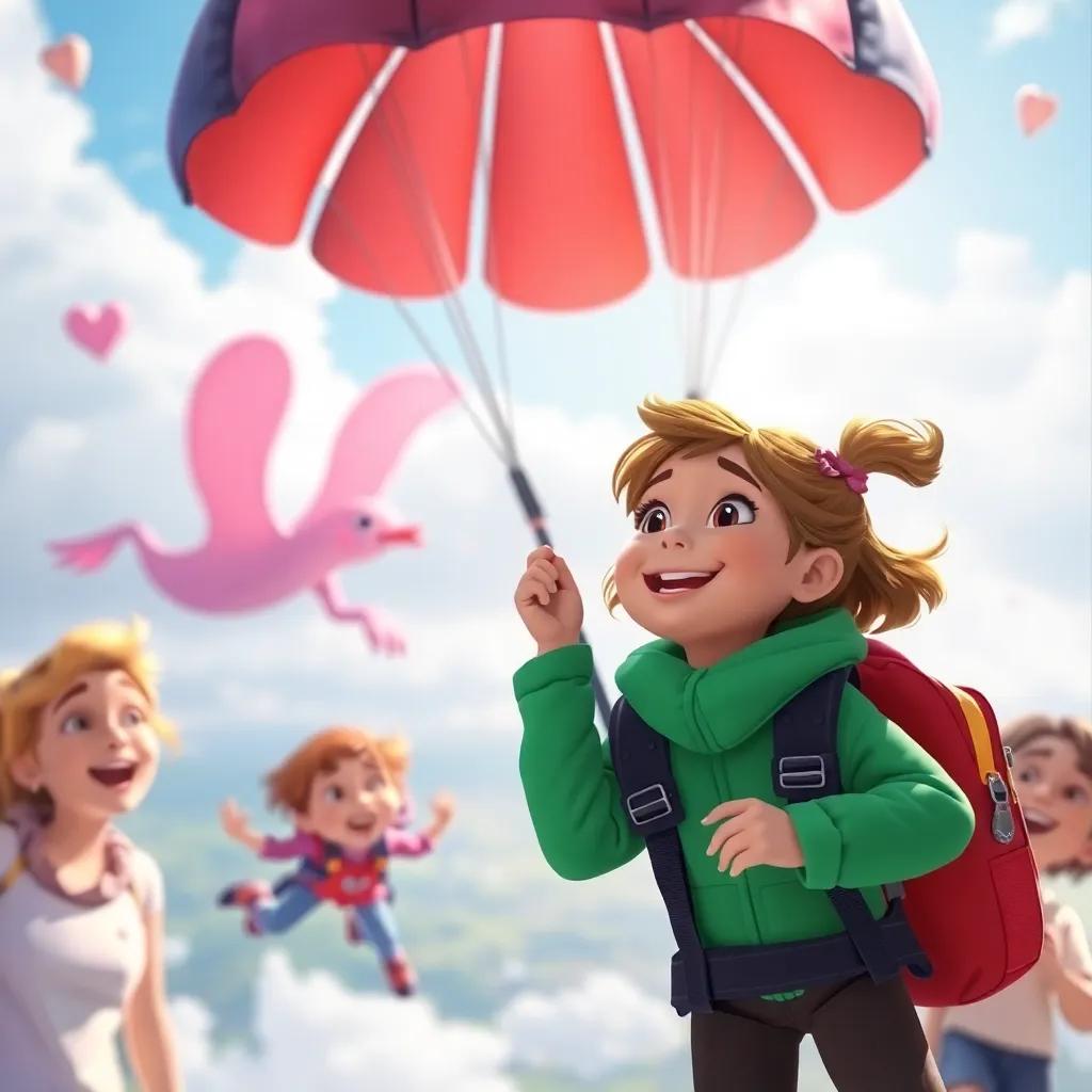 Clara realizing the fun she had all day with friends after her parachute jump, surrounded by laughter and joy, colorful background, heartwarming scene, high quality