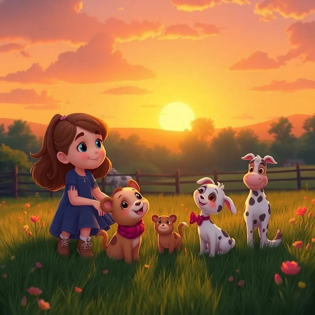 At sunset, Clara and her friends enjoying their time together on the farm, with a golden sky, peaceful atmosphere, warm colors, engaging illustration, digital art