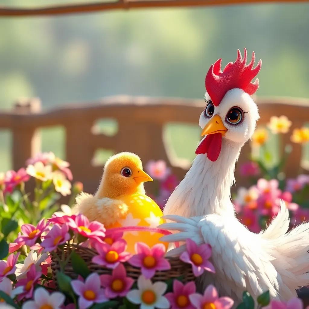 Una gallina feliz, Clara, con plumas blancas y un pequeño gorro, poniendo un huevo brillante y colorido en un corral soleado, rodeada de flores, arte digital, colores vibrantes, mágico, enfoque suave, alta calidad