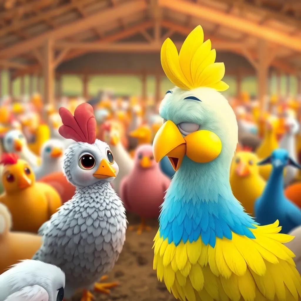 Un pato curioso, Pepe, con plumas amarillas, mirando el huevo colorido con ojos grandes, en un corral lleno de animales, ilustración, alegre, diseño infantil, colores vivos