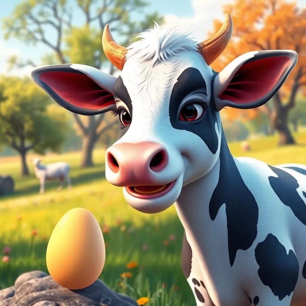 Una vaca emocionada, Lola, con manchas negras y blancas, mirando el huevo colorido con una gran sonrisa, en un paisaje de campo con árboles, arte digital, colorido, divertido, enfoque cálido