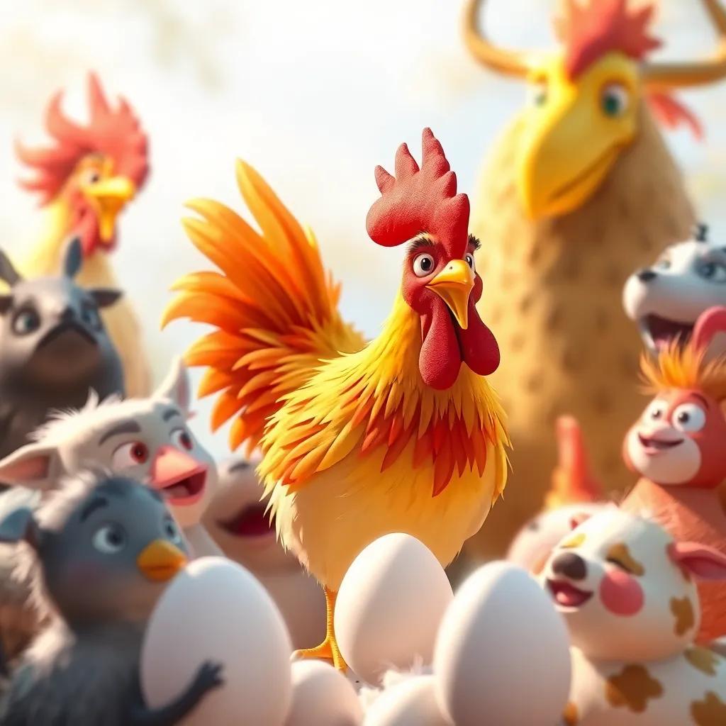 Un gallo fuerte, con plumas rojas y amarillas, cantando y mirando el huevo, rodeado de un grupo de animales curiosos, dibujo animado, brillante, animado, perspectiva dinámica