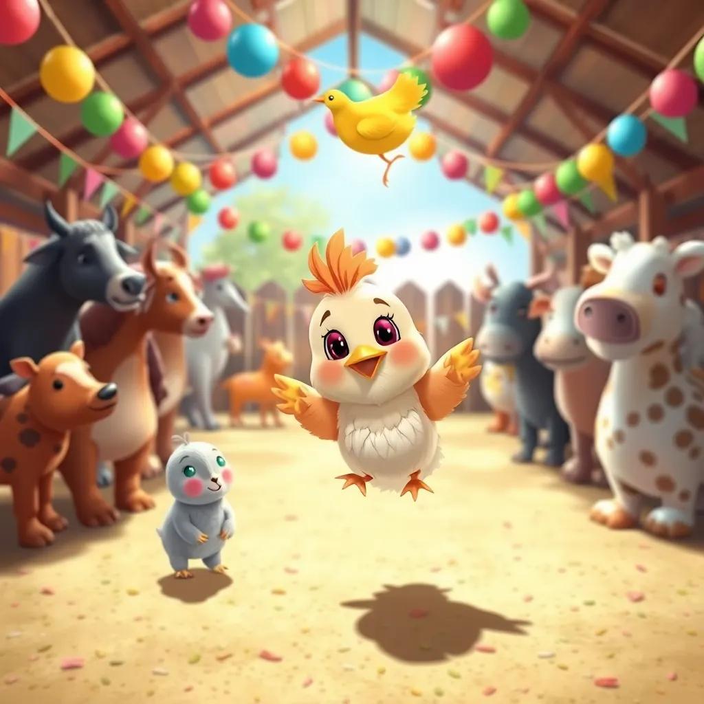 Una fiesta en el corral, con animales y un hermoso pollito colorido, decoraciones de fiesta, confeti volando, todos los animales riendo y jugando, ilustración, festiva, encantadora, altos detalles