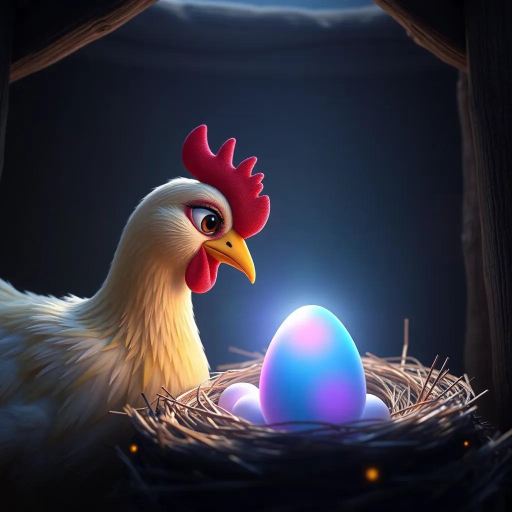 Clara, la gallina, mirando un huevo brillante de colores mágicos en su nido, el huevo resplandece con colores del arcoíris, un estilo vibrante, imagen alegre