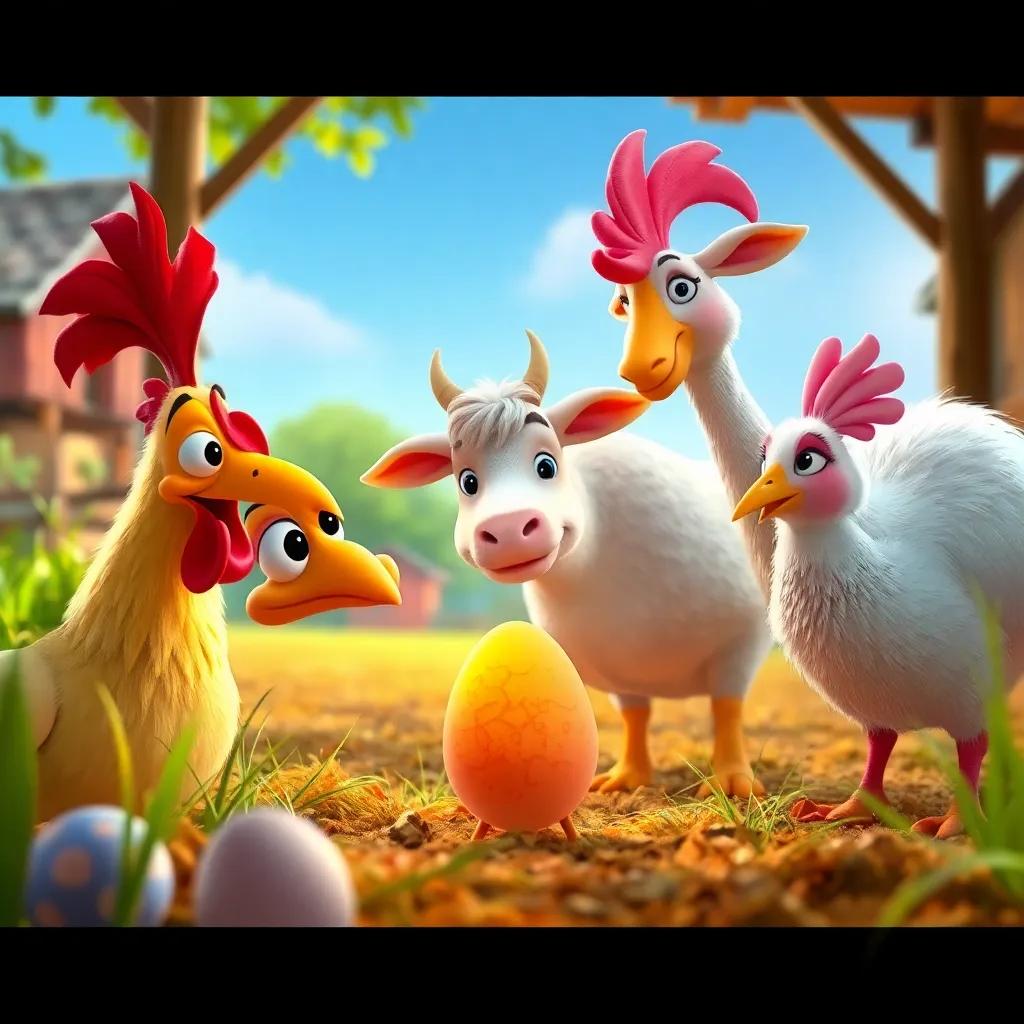 Los animales de la granja, incluyendo el gallo Ramón, la vaca Lucha y la oveja Tina, mirando asombrados el huevo de colores, en un ambiente de granja, escenario alegre y colorido