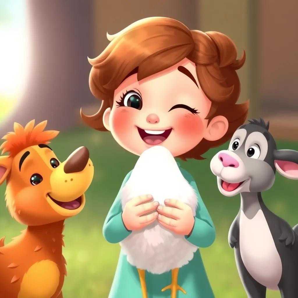 Clara sonriendo felizmente con el huevo resplandeciente, mostrando orgullo mientras los animales la animan, ilustración infantil colorida, transmitiendo alegría