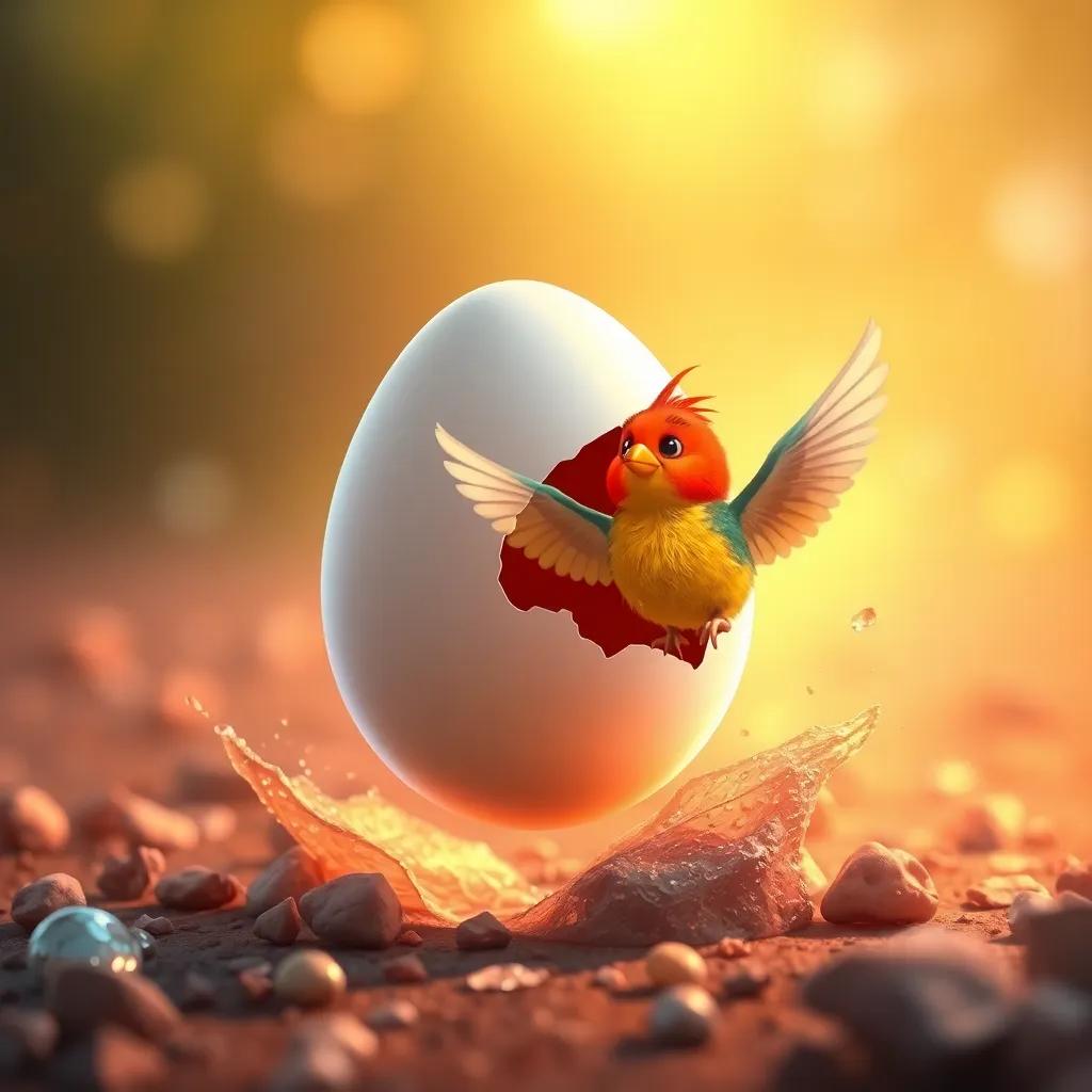 El huevo rompiéndose con un pajarito colorido saliendo, con un fondo brillante, ilustración dinámica y emocionante