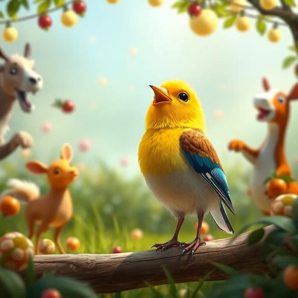 El pajarito cantando alegremente frente a los animales que bailan y ríen, un ambiente festivo en la granja