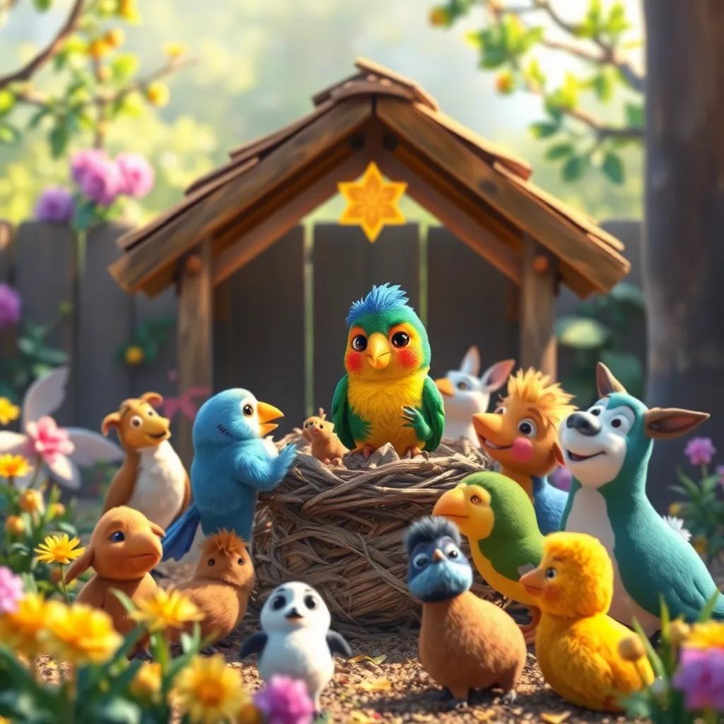 El pajarito colorido regresando al nido de Clara, con todos los animales reunidos alrededor, alegría compartida en la granja, vibrante entorno