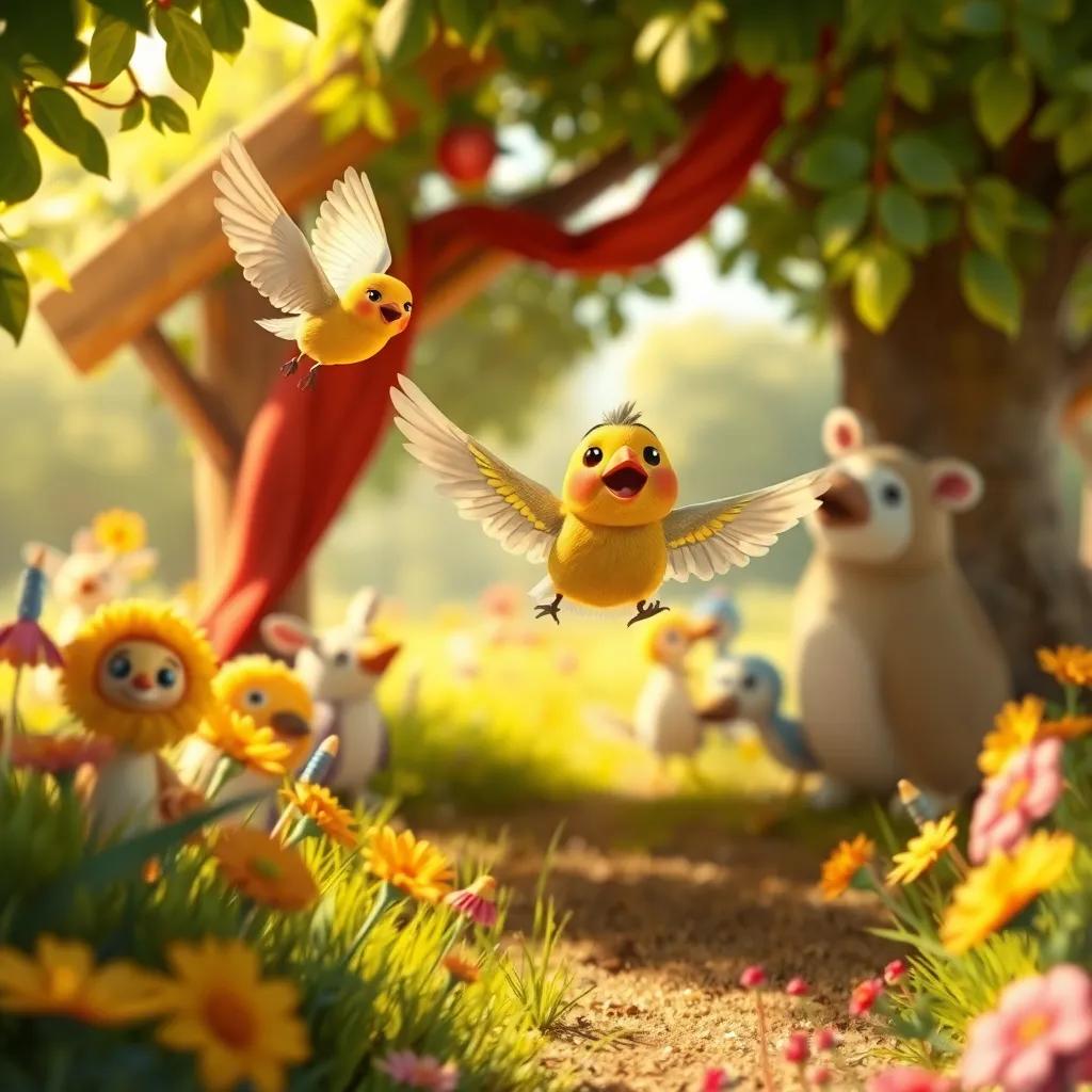 Un día de fiesta en la granja con el pajarito volando y cantando, animales felices, vals de colores en el campo, vibrante y animado