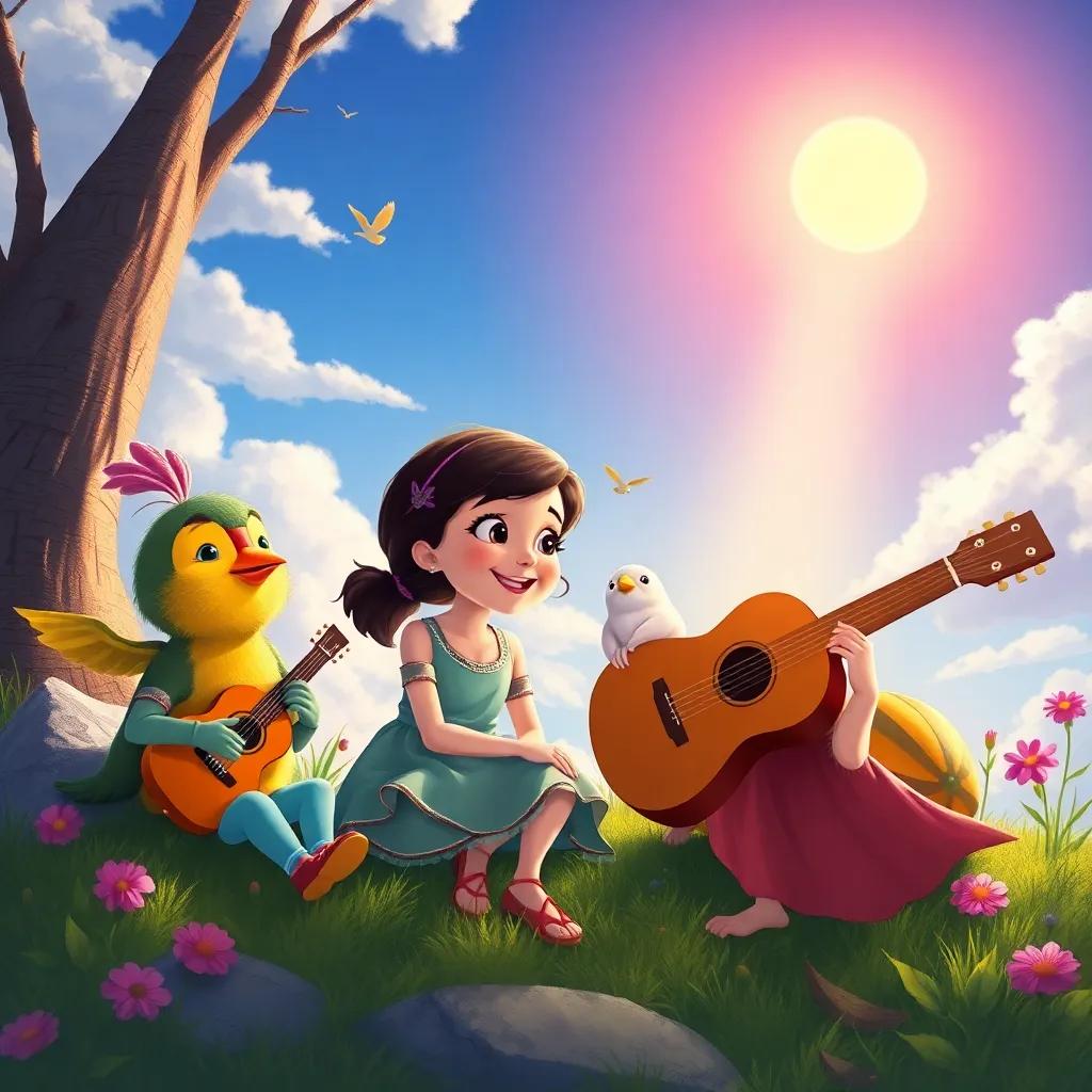 Clara y sus amigos disfrutando de la música del pajarito, el sol brillando en el cielo, ilustración llena de color y felicidad