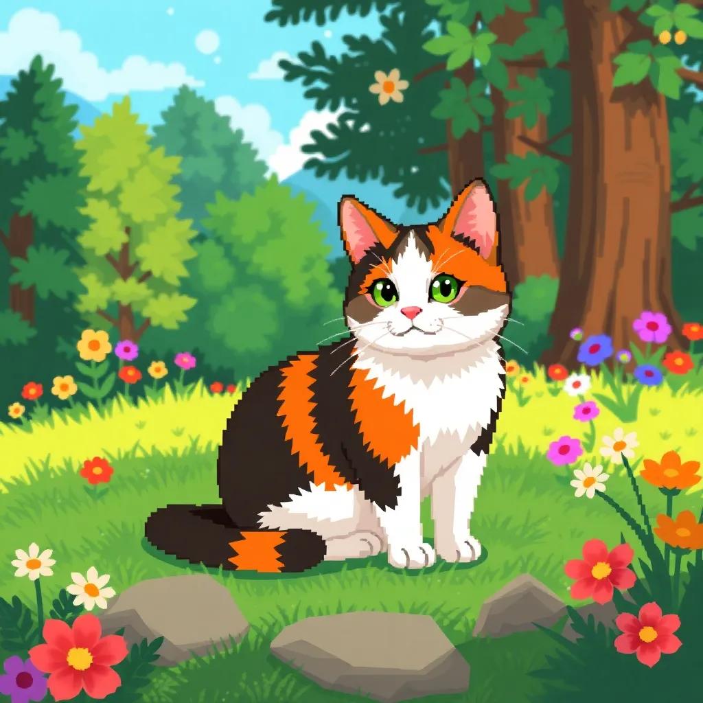A calico cat named Chispa with orange, black, and white fur, sitting on a soft green grass patch in a sunny forest, with colorful flowers around, digital art, vibrant colors, cheerful atmosphere, cute and inviting