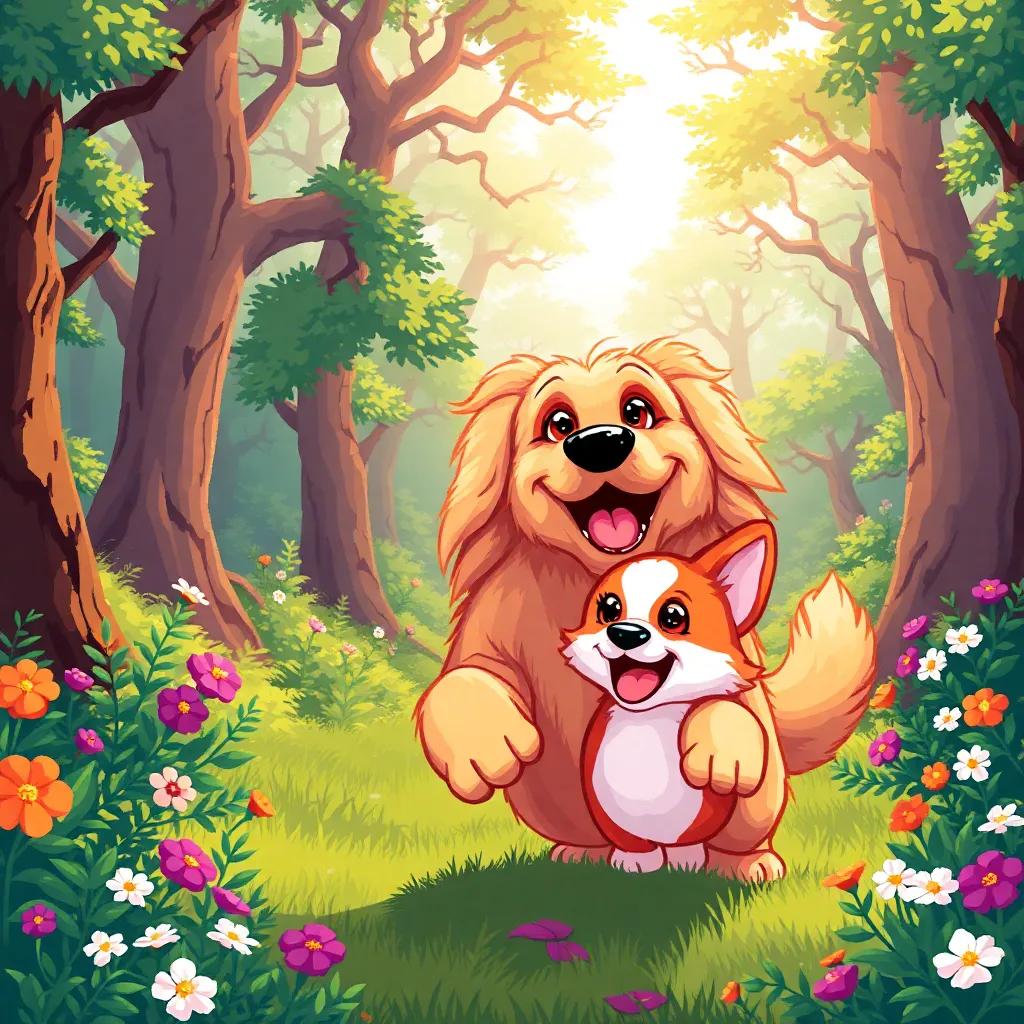 A friendly dog named Max, a large golden retriever, playing joyfully with Chispa in a magical forest filled with trees and flowers, smiling and happy, playful scene, bright sunlight, colorful art, lively and joyful