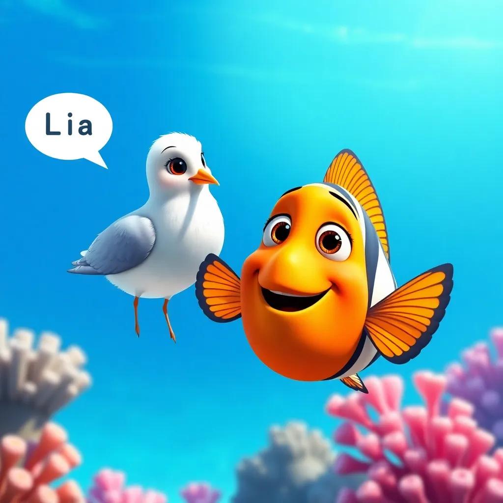 Lía, the small seagull, talking to Tito, a colorful fish, with a big smile, swimming together in the clear blue sea, surrounded by coral, playful atmosphere, digital art, friendly