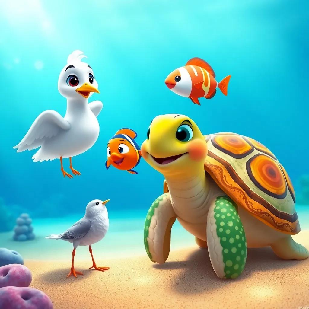 Lía, the small seagull, with Tito the fish, meeting Tula, a wise turtle with a shell decorated with patterns, sitting on the sandy ocean floor, joyful expression, bright colors, underwater scene, digital art, vibrant and engaging