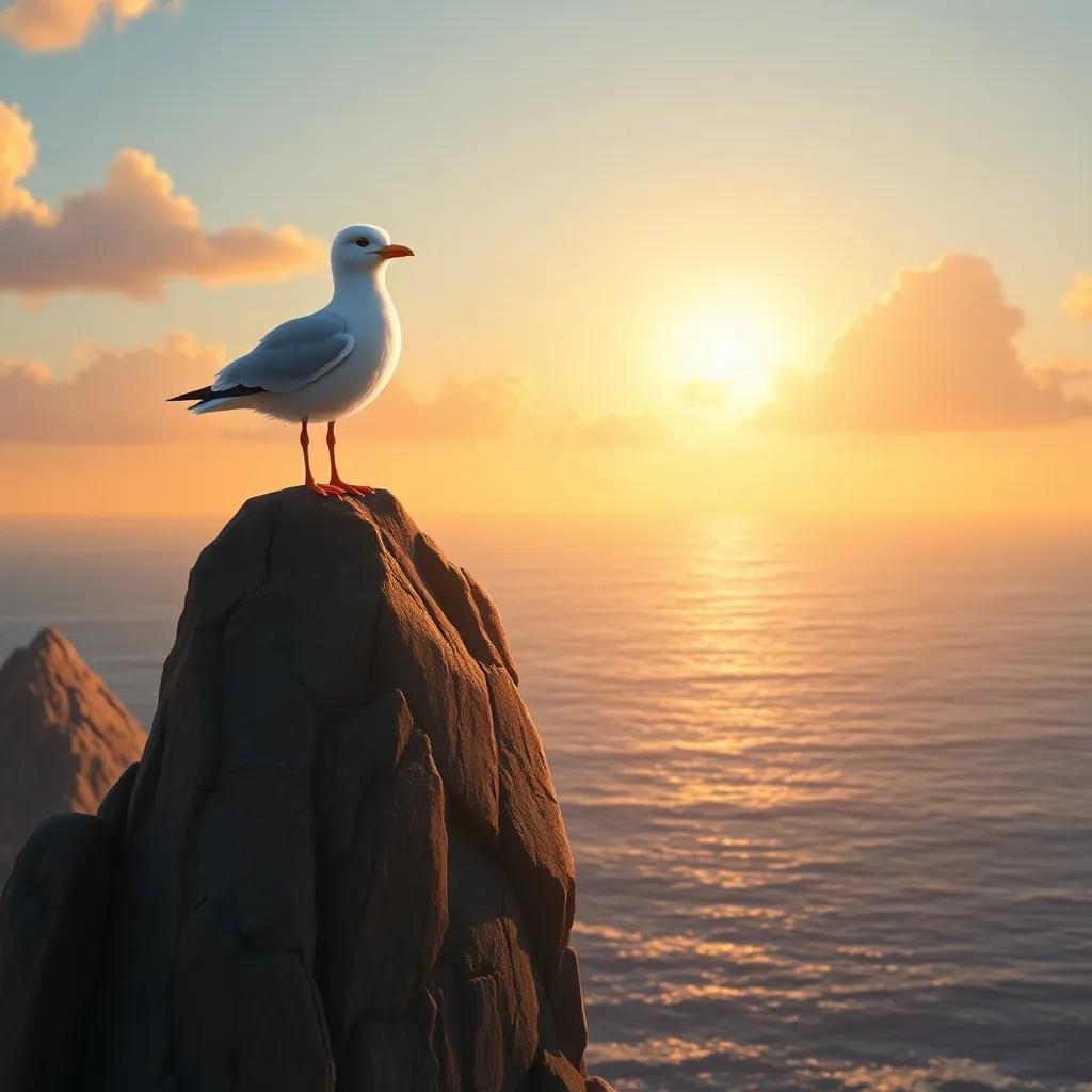 Lía, the little seagull, standing on a tall rock, ready to leap into the sky, with the sun setting in the background, golden light, emphasizing her determination, digital art, warm and inspiring