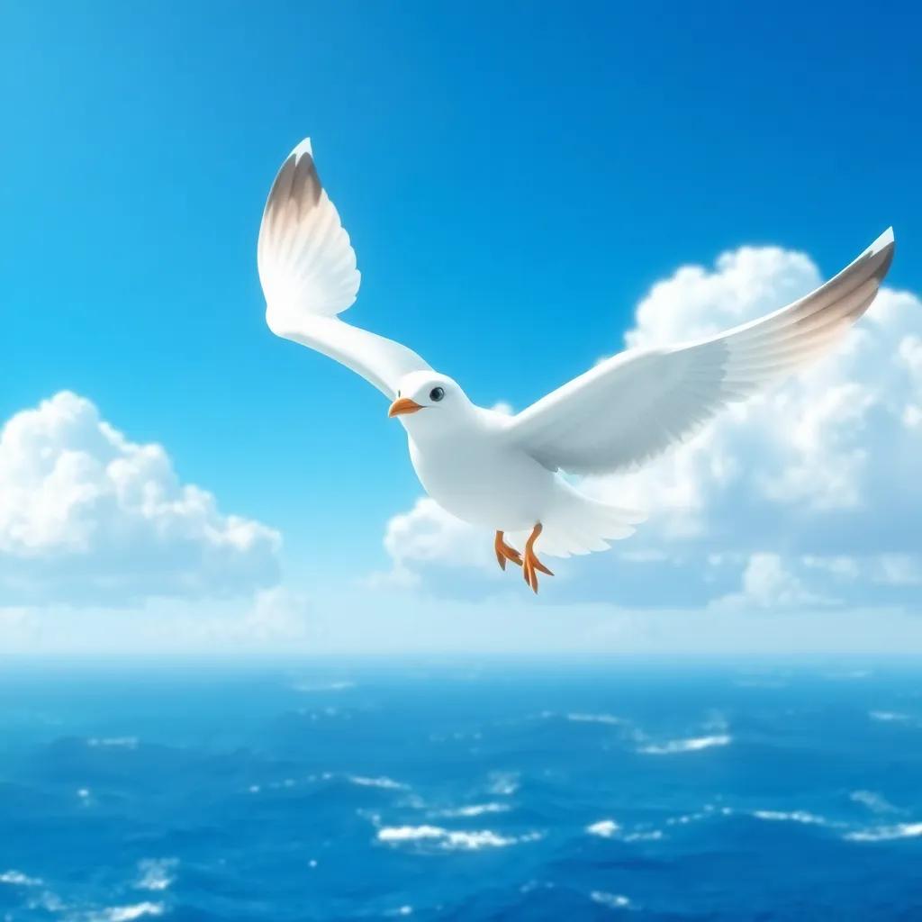 Lía, the small seagull, soaring through the sky with her wings wide open, feeling the wind as she flies over the ocean, bright blue sky and fluffy white clouds, sense of freedom, digital art, uplifting and vibrant