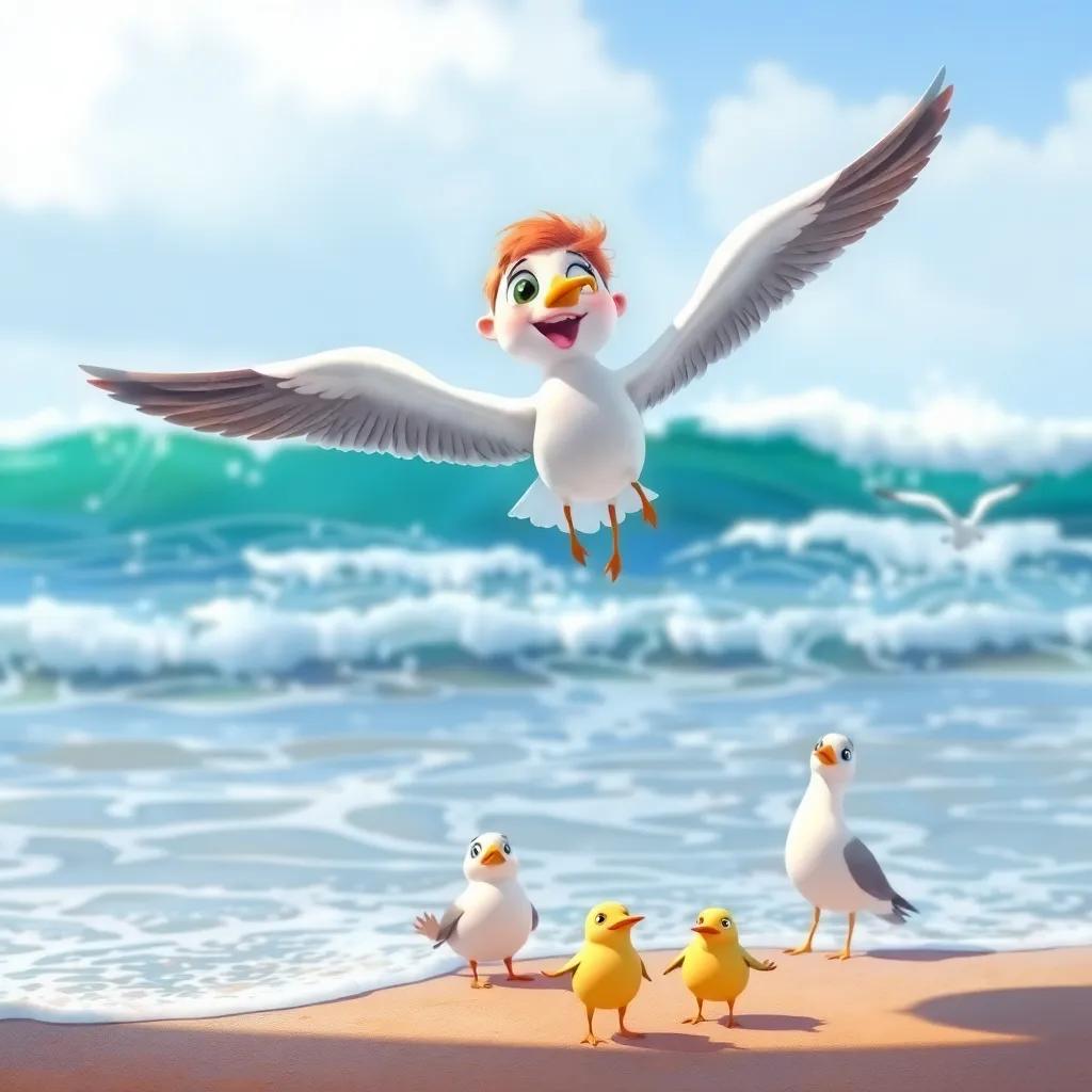 Lía, the little seagull, practicing her flying with her friends cheering below, a colorful beach scene with waves crashing and birds around, energetic and fun, digital art, lively
