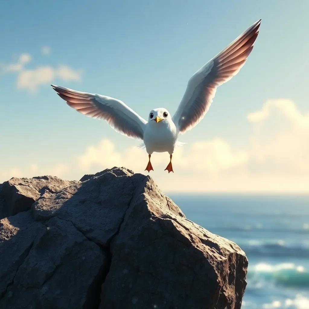 Lía, the small seagull, taking a big leap from a high rock, wings spread wide, with sparkles of sunlight reflecting off her feathers, exhilarating moment, digital art, dynamic and exciting
