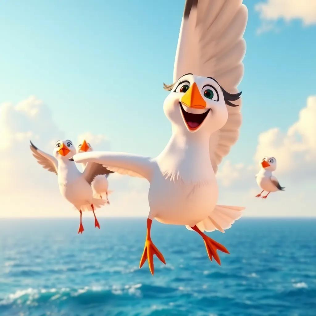Lía, the accomplished seagull, flying high in the sky, with a huge smile and her friends looking up happily, vibrant ocean view below, colorful and bright, digital art, joyful and triumphant