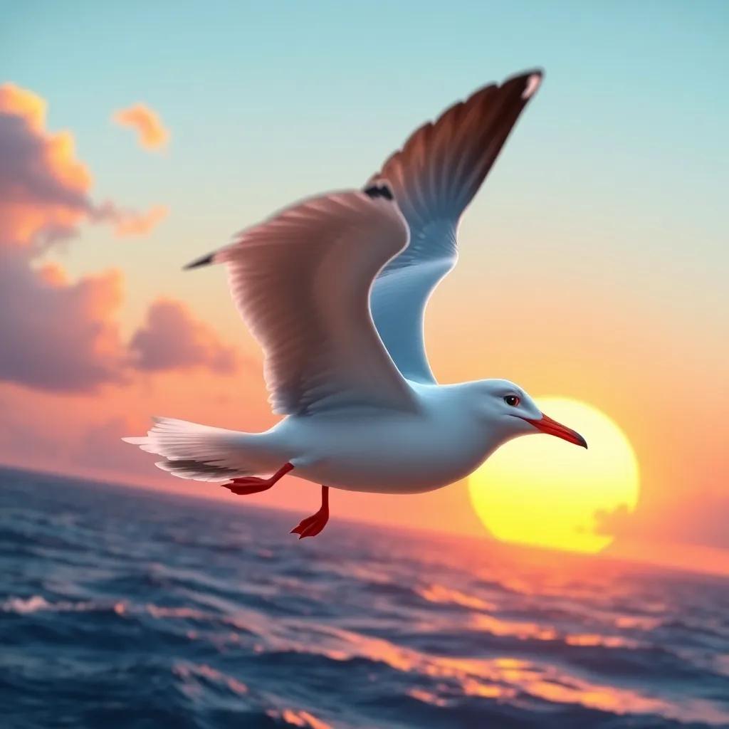 Lía the seagull, flying elegantly above the ocean, feeling the breeze, with a big sunset behind her, symbolizing achievement and happiness, breathtaking scenery, digital art, inspiring and colorful