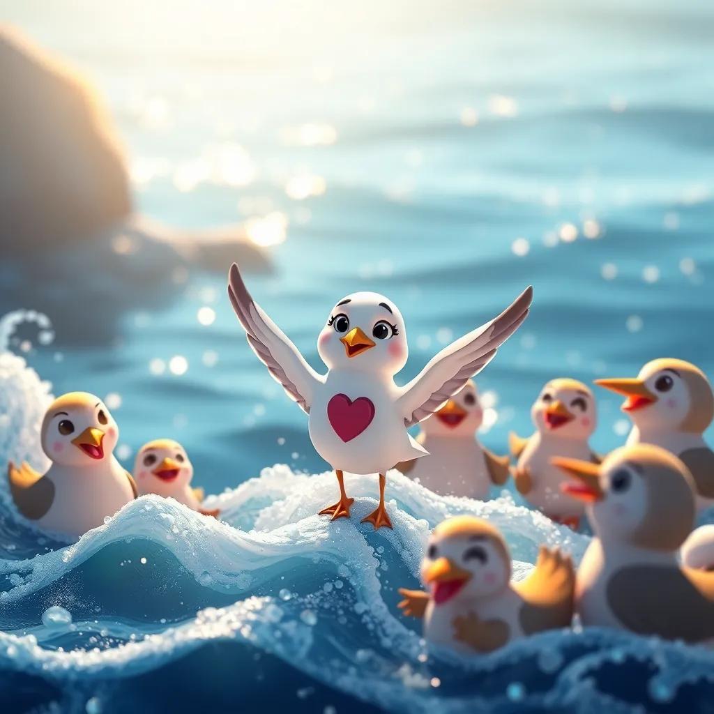 Lía, the small seagull with a brave heart, surrounded by her friends at the sea, celebrating her success, with waves and sparkling ocean around, warm light, digital art, cheerful and heartwarming