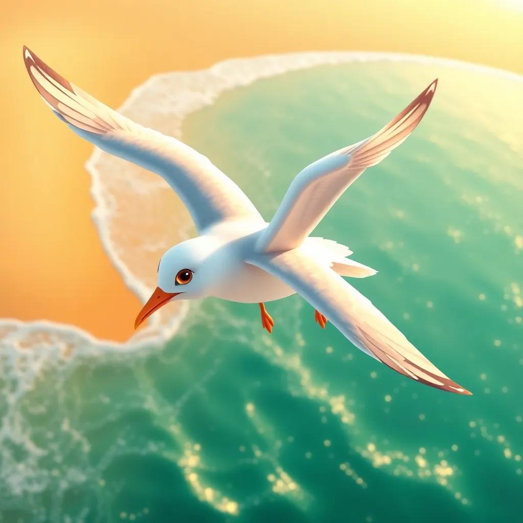 A seagull named Cielo, a young bird with white feathers and bright eyes, soaring above a sunny beach, waves sparkling below, digital art, cheerful atmosphere, warm colors, high quality